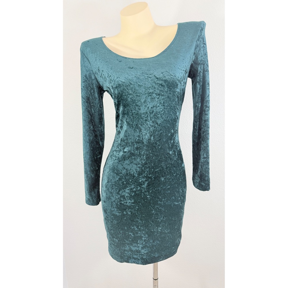 VTG 90s Grunge All That Jazz Green Crushed Velvet Long Sleeve Mini Dress S - Picture 9 of 9